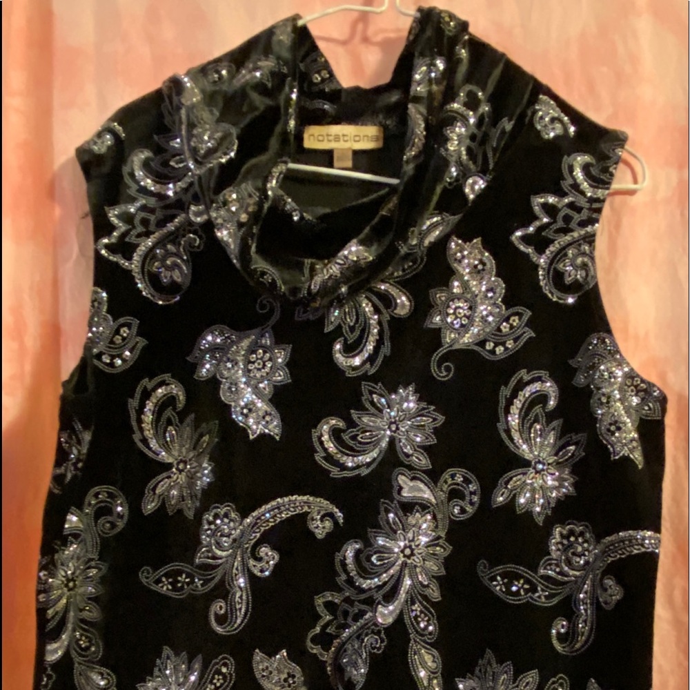 Black velvet silver design sparkle sleeveless shirt